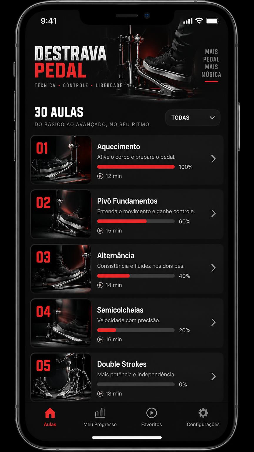 Tela de seleção de exercícios do app Destrava Pedal